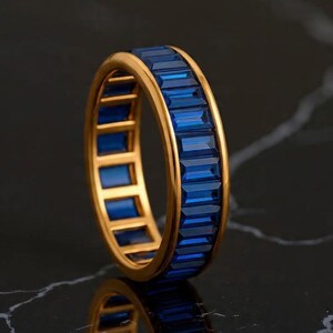 Blue Sapphire Baguette Cut Full Eternity Band, Channel Set Baguete Wedding Bands Women, Anniversary Ring, September Birthstone Ring