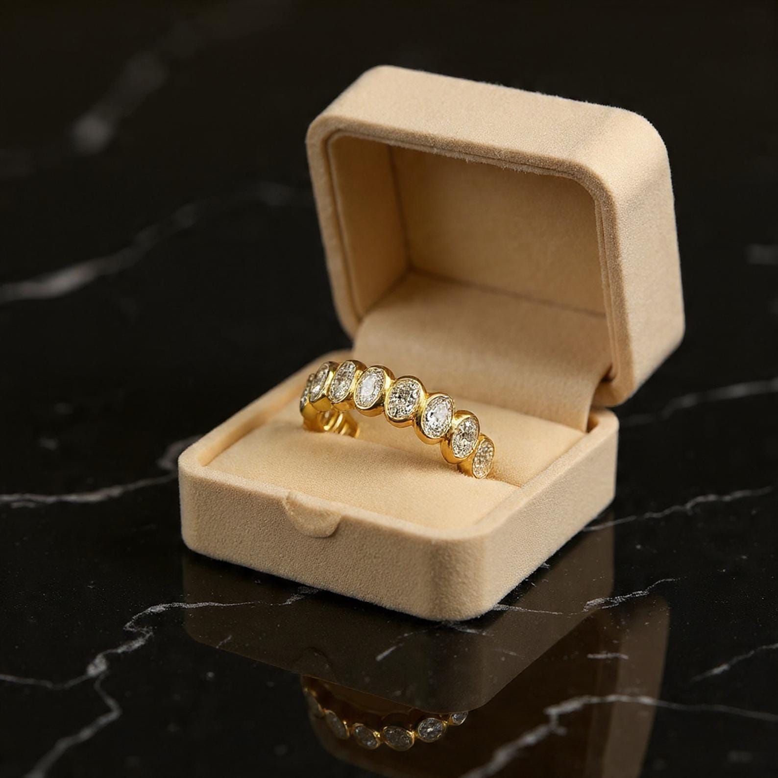Bezel Set Oval Cut Moissanite Wedding Band 14K Gold Engagement Band ...