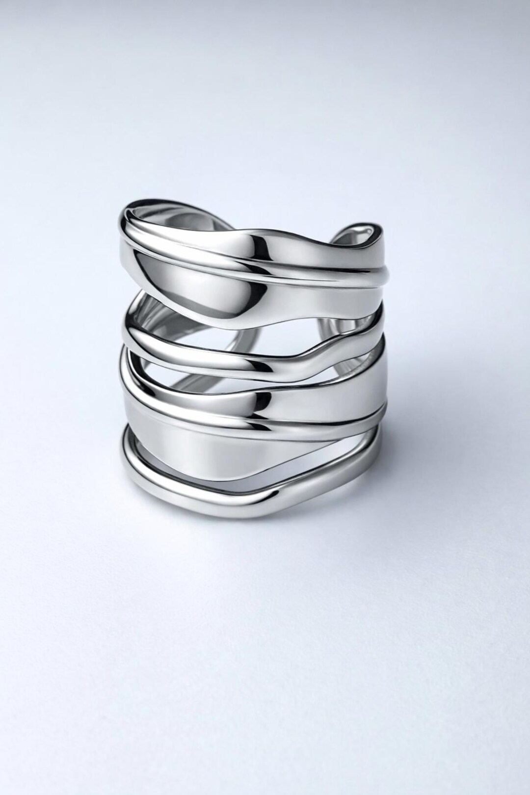 Sculptural Wave Ring, Silver Stainless Steel, Minimalist Statement ...