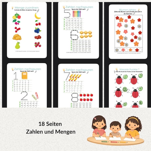 Zahlen und Mengen Arbeitsblätter Vorschule PDF-Lernmaterial Vorschule-Zahlen und Mengen lernen-Frühförderung 4 5 6 Jahre- Zahlen Nachspuren