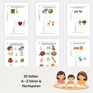 Könnte beinhalten: Ein Satz von Lernblättern für Kinder mit farbenfrohen Illustrationen und Übungen zum Nachzeichnen von Buchstaben und Wörtern. Die Blätter enthalten Bilder von Geschenk, Giraffe, Herz und Kaninchen. Der Text "20 Seiten A-Z hören & Nachspuren" ist ebenfalls sichtbar.