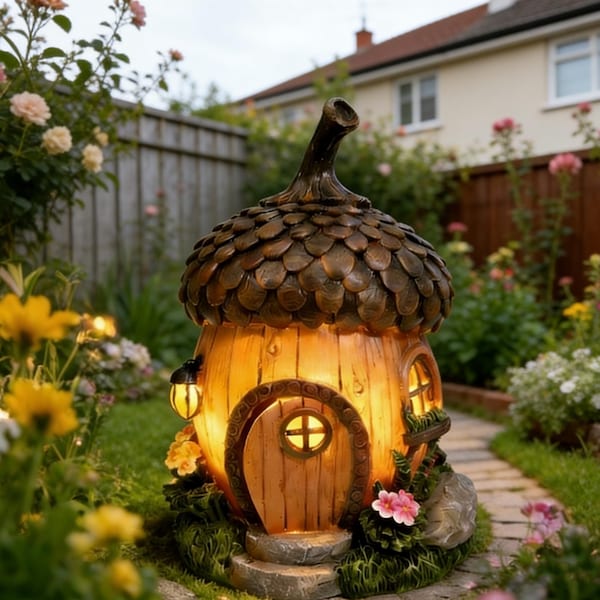 Lámpara de jardín de hadas con forma de casita de bellota solar: decoración caprichosa de resina pintada a mano.