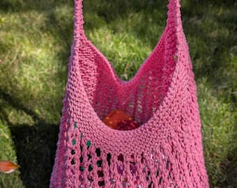 Bolsa de mercado tejida a mano / Bolso de malla de algodón / Plegable/Reutilizable / Teñida a mano de rosa