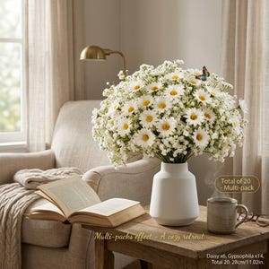 Realistisk konstgjord bukett med vita prästkragar och baby's breath - Set om 20 - Konstgjorda vildblommor för modernt bondgårdshem, kontor, ...