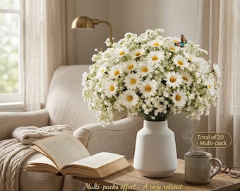 Realistic Artificial White Daisy & Baby's Breath Bouquet - Set of 20 - Faux Wildflower Arrangement for Modern Farmhouse Home, Office,