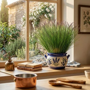 Pode incluir: Um arranjo decorativo com um vaso de cerâmica azul e branco cheio de grama verde. O vaso tem alças e um design floral. Outros itens incluem uma panela de cobre, colheres de madeira e uma pilha de livros.