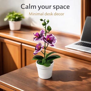 以下が含まれることがあります： 紫と白の斑点模様の花と緑の葉を持つ鉢植えの蘭。植物の上には「Calm your space」と「Minimal desk decor」の文字が表示されています。蘭は木製の机の上の白い鉢に入っています。