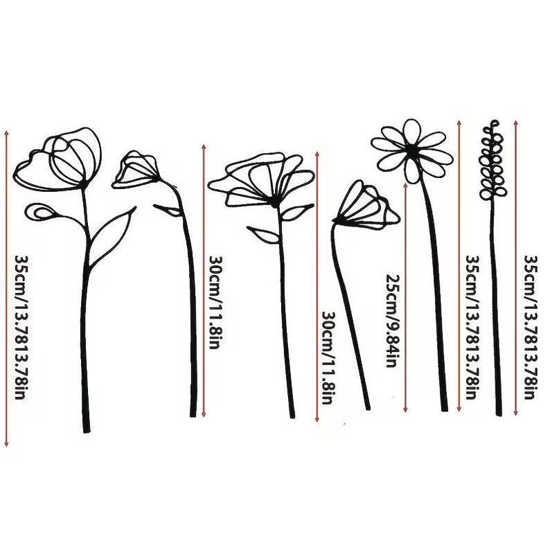 May include: Black metal floral wall art pieces in various designs. The tallest pieces are 13.78 inches tall, and the shortest is 9.84 inches. The art features outlines of flowers and stems, suitable for home decor.