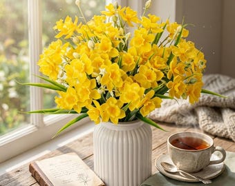 Realistic Yellow Artificial Daffodils Bouquet with Vase, Faux Spring Flowers for Home Living Room Decor, Modern Farmhouse Centerpiece