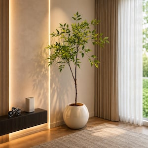 May include: A potted tree with green leaves and a brown trunk sits in a white, spherical planter. The tree is placed in a well-lit room with a dark, low cabinet and a light-colored wall. The room has a neutral color palette.