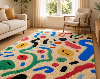 Hand Tufted Wool Area Rug, Multicolor Dopamine Decor Carpet, Cream Squiggle Bedroom Living Room