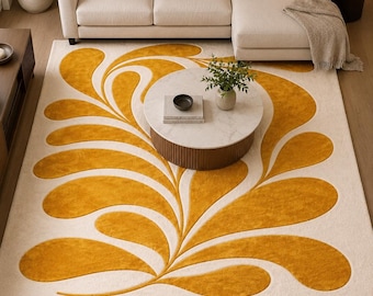 Handmade Tufted Abstract Leaf Rug, Mustard Yellow Botanical Carpet, Modern Living Room Decor