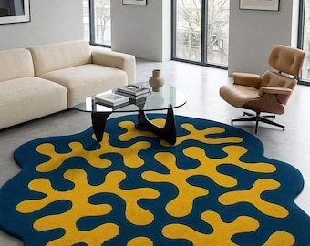 Navy Blue Yellow Abstract Rug, Freeform Organic Shape Area Rug, Mid Century Modern Living Room Rug, Retro Splatter Design Statement Rug