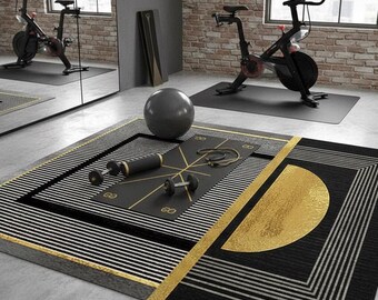 Modern Geometric Area Rug, Black White Gold Stripes Carpet