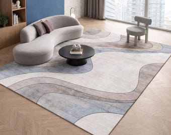 Neutral Abstract Wave Rug, Modern Scandinavian Nursery Playroom Carpet
