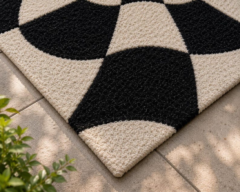 May include: A rectangular doormat featuring a high-contrast geometric pattern of interlocking black and cream-colored circles. The surface has a coarse, textured pile construction, creating a repeating pattern of curved shapes across the entire mat.
