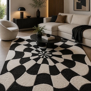 May include: A rectangular area rug featuring a high-contrast black and cream geometric pattern. The design consists of repeating curved shapes radiating from a central point, creating a textured, tufted surface with a bold, repeating graphic motif.
