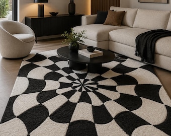 Handmade Optical Illusion Rug, Black White Geometric Tufted Carpet, Modern Living Room Décor