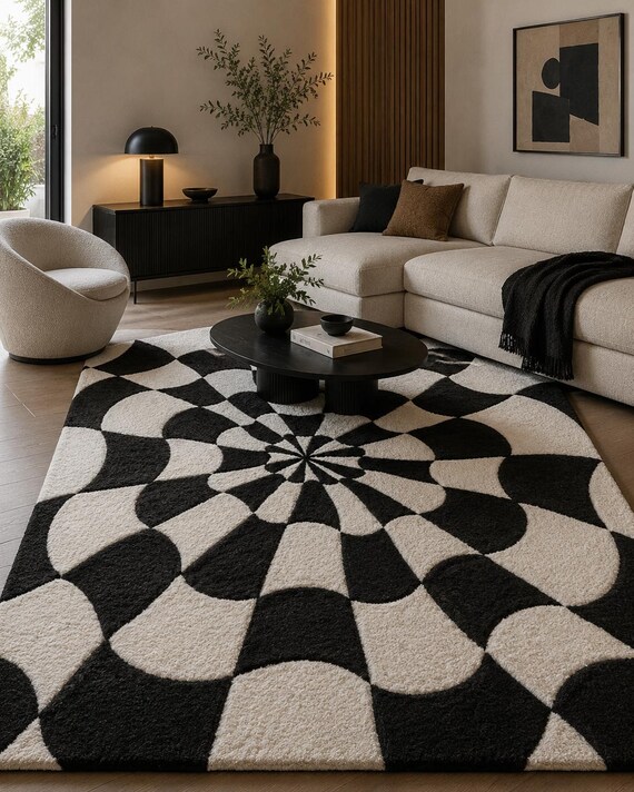 Handmade Optical Illusion Rug, Black White Geometric Tufted Carpet, Modern Living Room Décor