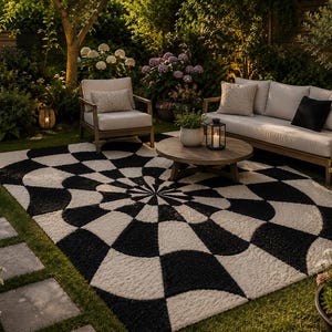 May include: A rectangular area rug featuring a high-contrast black and white geometric pattern with a radiating sunburst design. The rug has a textured, tufted surface and is positioned on a lawn in front of outdoor patio furniture.