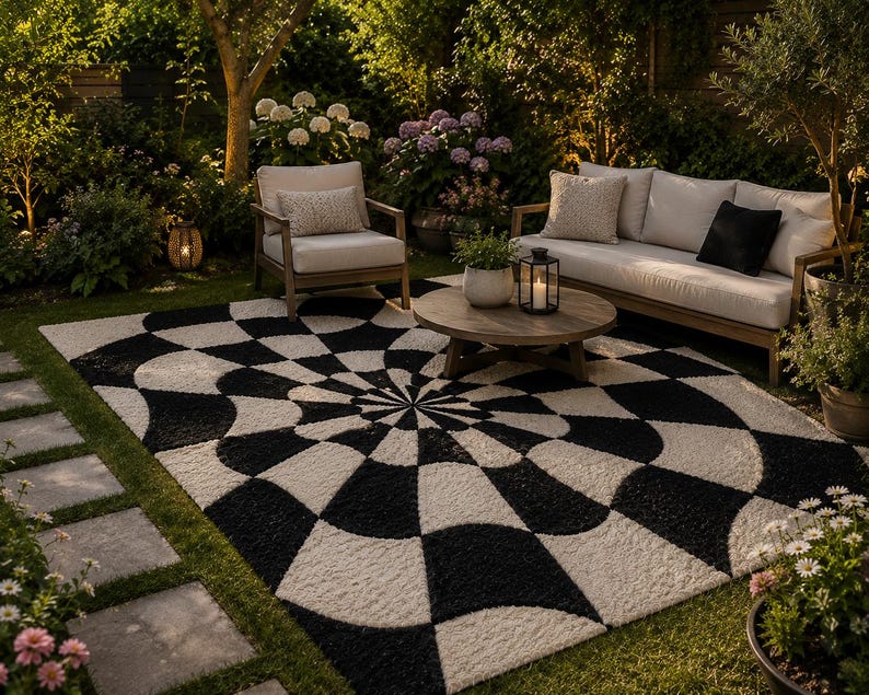 May include: A rectangular area rug featuring a high-contrast black and white geometric pattern with a radiating sunburst design. The rug has a textured, tufted surface and is positioned on a lawn in front of outdoor patio furniture.