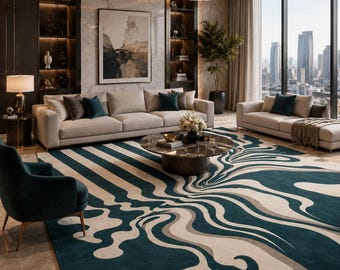 Luxury Abstract Teal & Ivory Modern Area Rug – Contemporary Swirl Designer Carpet for  Bedroom