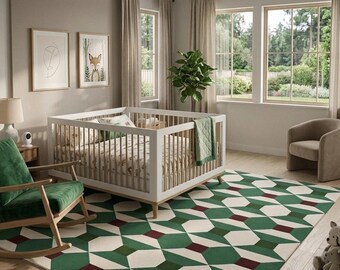 Geometric Green Area Rug – Modern Optical Illusion Carpet for Living Room, Bedroom & Office