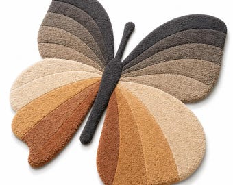 Butterfly Shaped Area Rug, Hand Tufted Wool Carpet, Neutral Earth Tone Charcoal Caramel Boho Living Room Bedroom Decor