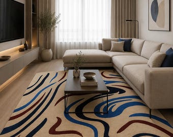 Cream Abstract Wool Rug, Blue Brown Curves Tufted Area Carpet