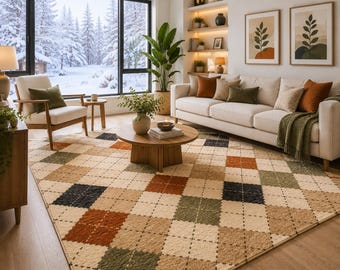Harlequin Area Rug, Hand Tufted Wool Diamond Pattern Carpet, Terracotta Sage Cream Earth Tone Boho Living Room Decor