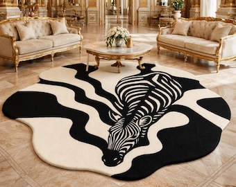 Zebra Animal Rug, Black White Modern Nursery Decor, Hand-Tufted Wool Play Mat