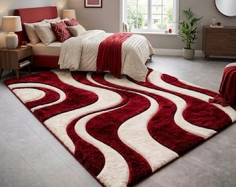 Burgundy Ivory Wavy Shag Rug: Modern Abstract Plush Carpet