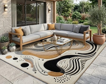 Abstract Modern Area Rug, Gold Black Gray Geometric Carpet, Luxury Artistic Floor Mat
