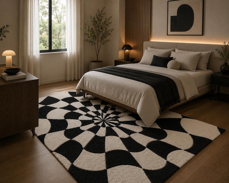 May include: A rectangular area rug featuring a high-contrast black and cream geometric pattern with curved, radiating shapes that create a circular, optical illusion effect. The rug is made of a textured material and covers the floor in a bedroom.