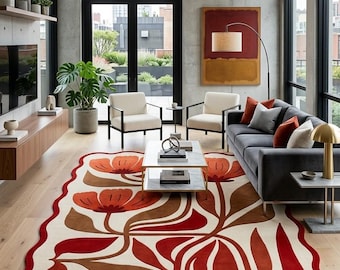 Modern Botanical Tufted Rug | Terracotta Floral Area Rug | Scalloped Organic Shape Carpet