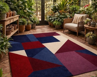 Modern Geometric Area Rug, Navy Blue Dark Red Abstract Carpet