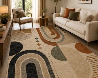 Retro Arch Circle Area Rug, Hand Tufted Wool Carpet, Cream Terracotta Sage Black Abstract Geometric Boho Living Room Decor