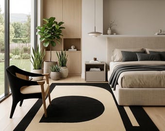 Modern Geometric Tufted Rug – Black & Ivory Abstract Arch Design, Minimalist Scandinavian Area Carpet