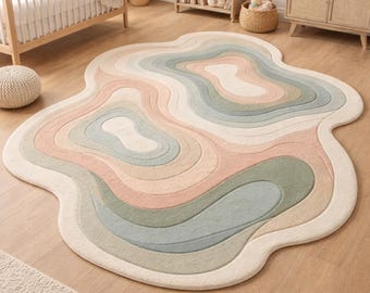 Abstract Organic Shape Rug, Pastel Scandinavian Nursery Carpet, Soft Bedroom Area Rug