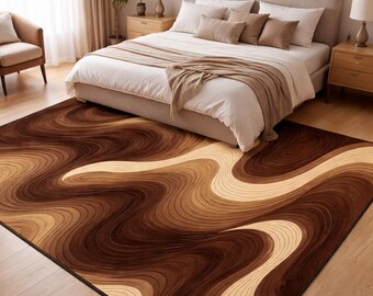 Brown Swirl Abstract Area Rug, Wavy Wood Grain Pattern Carpet, Modern Boho Living Room Bedroom Rug, Large Non Slip Floor Mat