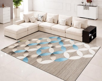 Modern Geometric Area Rug, Blue Beige Abstract Circle Carpet, Scandinavian Living Room Floor Rug