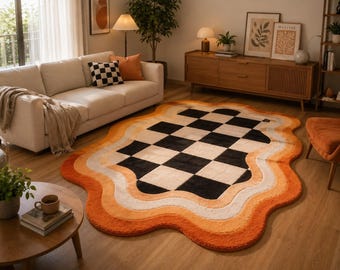 Checkerboard Rug with Wavy Orange Border, Retro Black White Check Carpet, Freeform Shape Area Rug, Boho Playroom Living Room Statement Rug