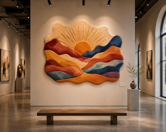 Boho Sunset Mountain Tapestry, Handmade Tufted Wall Art, Terracotta Rust Blue Wall Hanging, Textured Landscape Decor, Desert Sky Wall Piece