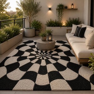 May include: A rectangular area rug featuring a high-contrast black and cream geometric pattern with a radiating, circular, web-like design. The rug has a textured, tufted surface and is positioned on a balcony floor in front of a beige sofa.