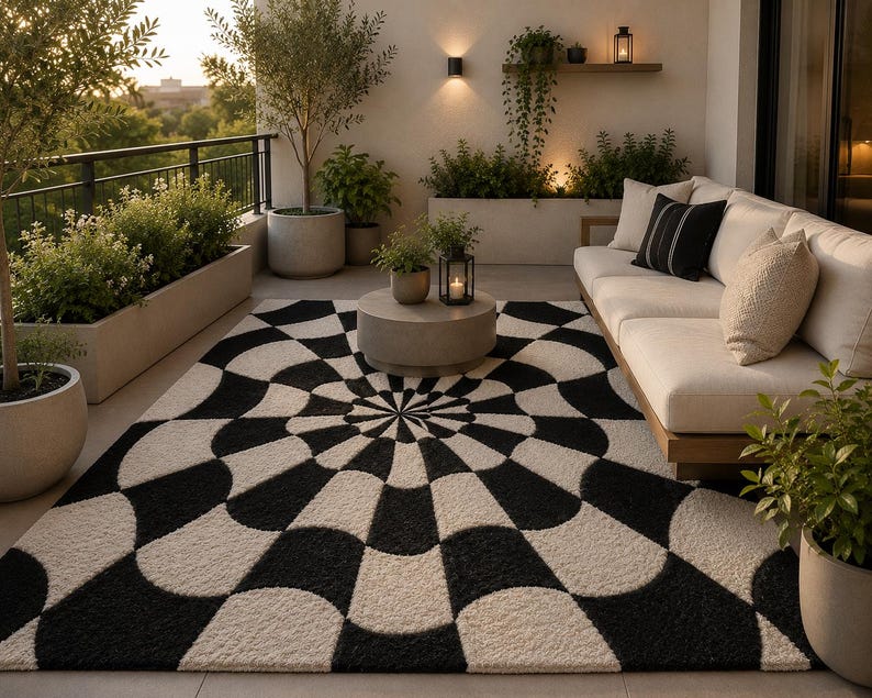 May include: A rectangular area rug featuring a high-contrast black and cream geometric pattern with a radiating, circular, web-like design. The rug has a textured, tufted surface and is positioned on a balcony floor in front of a beige sofa.