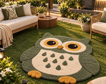 Handmade Owl Tufted Rug, Cute Woodland Animal Carpet, Forest Green Owl Rug, Boho Nursery Decor, Kids Room Floor Mat
