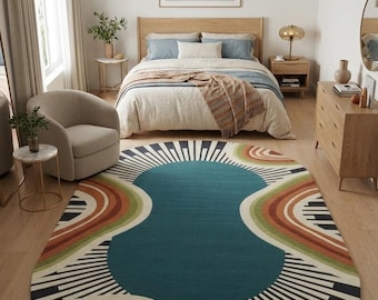 Boho Rainbow Abstract Nursery Rug | Soft Teal Playroom Carpet, Kids Room Area Rug