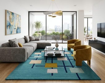 Modern Geometric Area Rug – Teal Blue Abstract Square Pattern Nursery & Kids Room Carpet