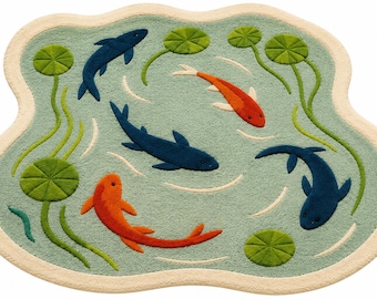 Koi Fish pond Area Rug, Irregular Shape Hand Tufted Wool Carpet, Sage Green Orange Navy Japanese Zen Living Room Decor