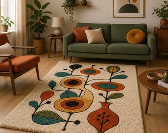 Mid Century Modern Botanical Tufted Rug – Retro Abstract Floral Area Rug
